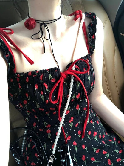 Koreanische Kleid Frauen Süße Bogen Bandage Ärmellose Backless Robe Femme Floral Mode Sommer Mini Kleider 2025, Vestidos De Mujer.