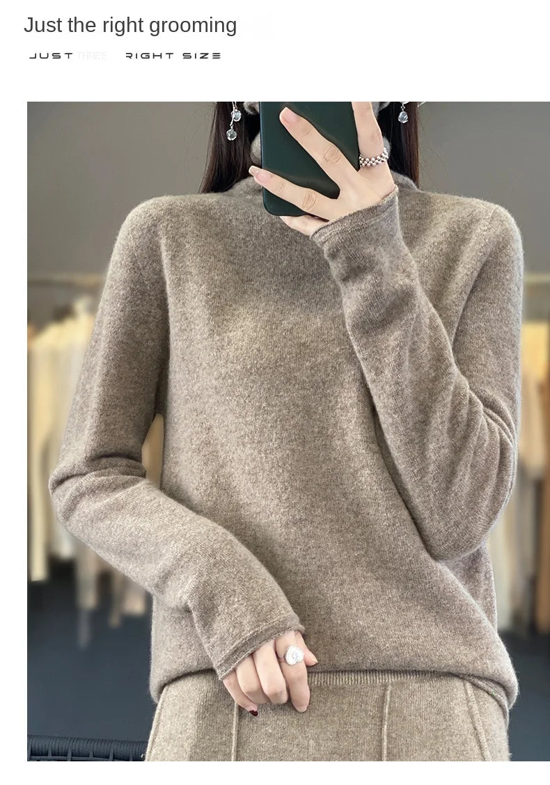 2025 100% Merino Wool Sweater Elegant Cashmere Pullover Women Pile Collar Long Sleeve Knitwear Basic Clothing  Jumper Tops.