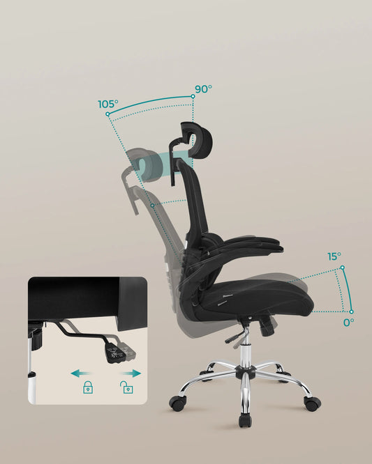 SONGMICS Bürostuhl, ergonomisch, klappbare Armlehnen, Wippfunktion