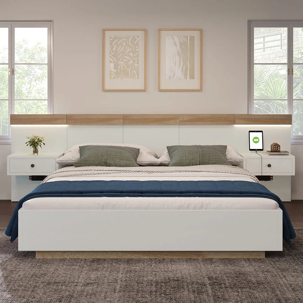 KOMHTOM Doppelbett-Bettkasten mit 2 LED-Nachtkommoden & USB-C-Steckdose, 180 x 200 cm Holzbett inkl (ohne Matratze)