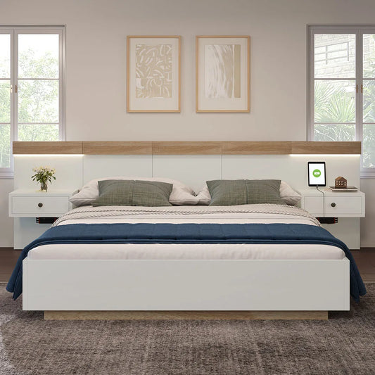 KOMHTOM Doppelbett-Bettkasten mit 2 LED-Nachtkommoden & USB-C-Steckdose, 180 x 200 cm Holzbett inkl (ohne Matratze)