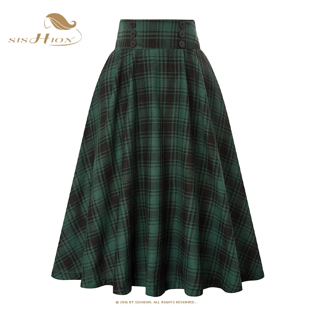 SISHION 2025 Autumn New A Line Swing Buttons Long Midi Vintage Skirt SS0037 Red Green High Waist Plaid Skirts for Women Jupe.