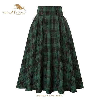 SISHION 2025 Autumn New A Line Swing Buttons Long Midi Vintage Skirt SS0037 Red Green High Waist Plaid Skirts for Women Jupe.
