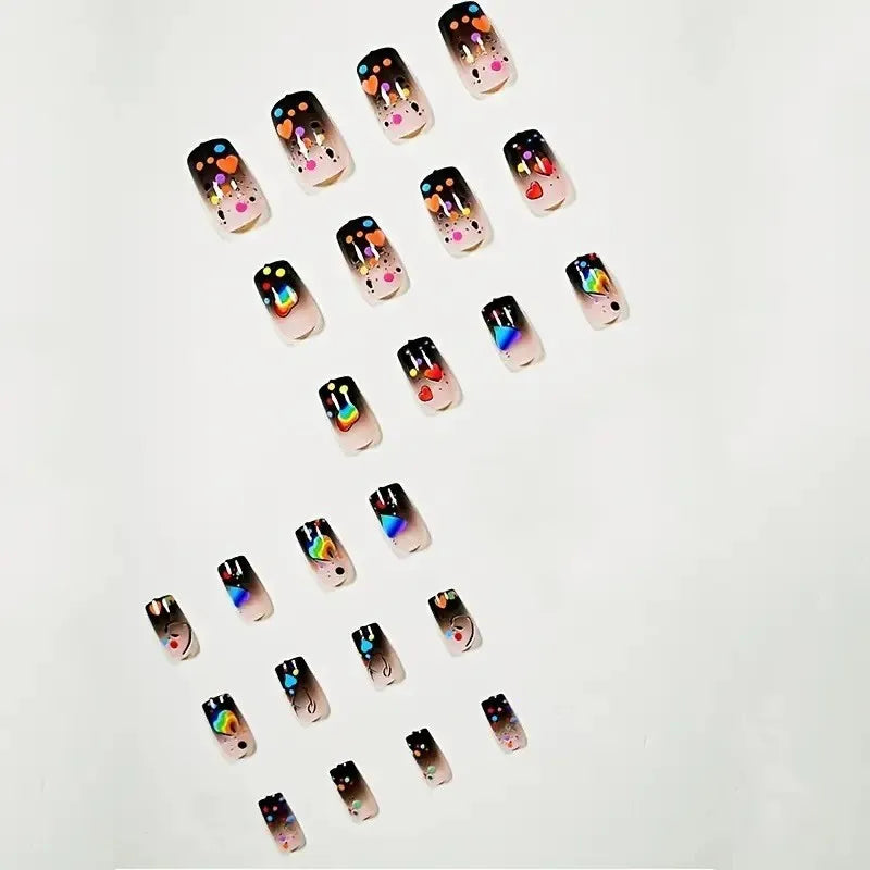 24pcs/set Medium long square fake nails for women girls cute heart flowers feather butterfly design press on false nail art tips