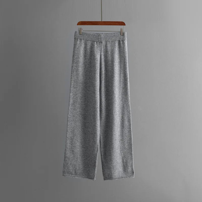 Autumn Winter New Fashion Women’s Solid Color Casual Trendy Loose 2 Piece Sets V-neck Long Sleeve T-shirts Wide Leg Trousers.