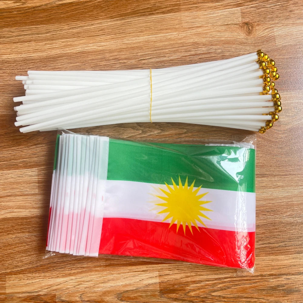 14 x21cm，5/15/50/100pcs， Kurdish hand flag waving National Kurdistan bannerplastic Stick.