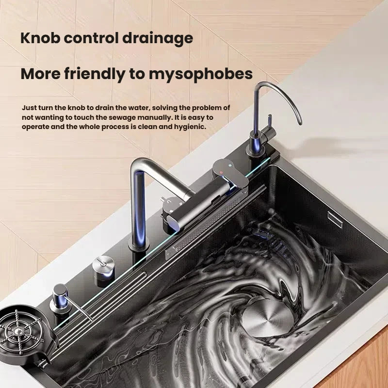 Intelligent Waterfall Stainless Steel Kitchen Sink MultiFunctional Digital Display Porous Large Single Slot Wash Dish Basin