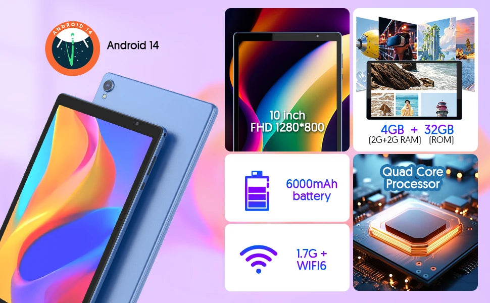 BAKEN 10-inch HD Display Android 14 Tablet, Quad-Core Processor, 4 (2+2)GB ROM + 32GB RAM, Bluetooth, Google Play.