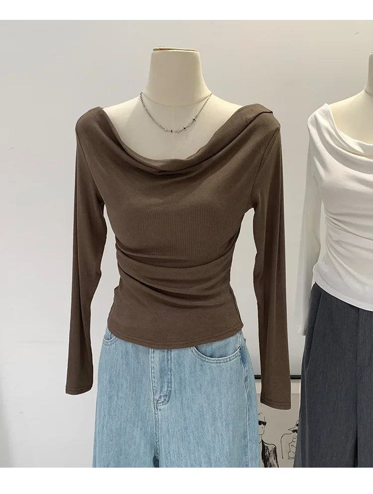 Off-The-Shoulder Long Sleeve T-Shirt Women's Early Autumn New Slimming Design Korean Style Sweet And Spicy Fashion Tops