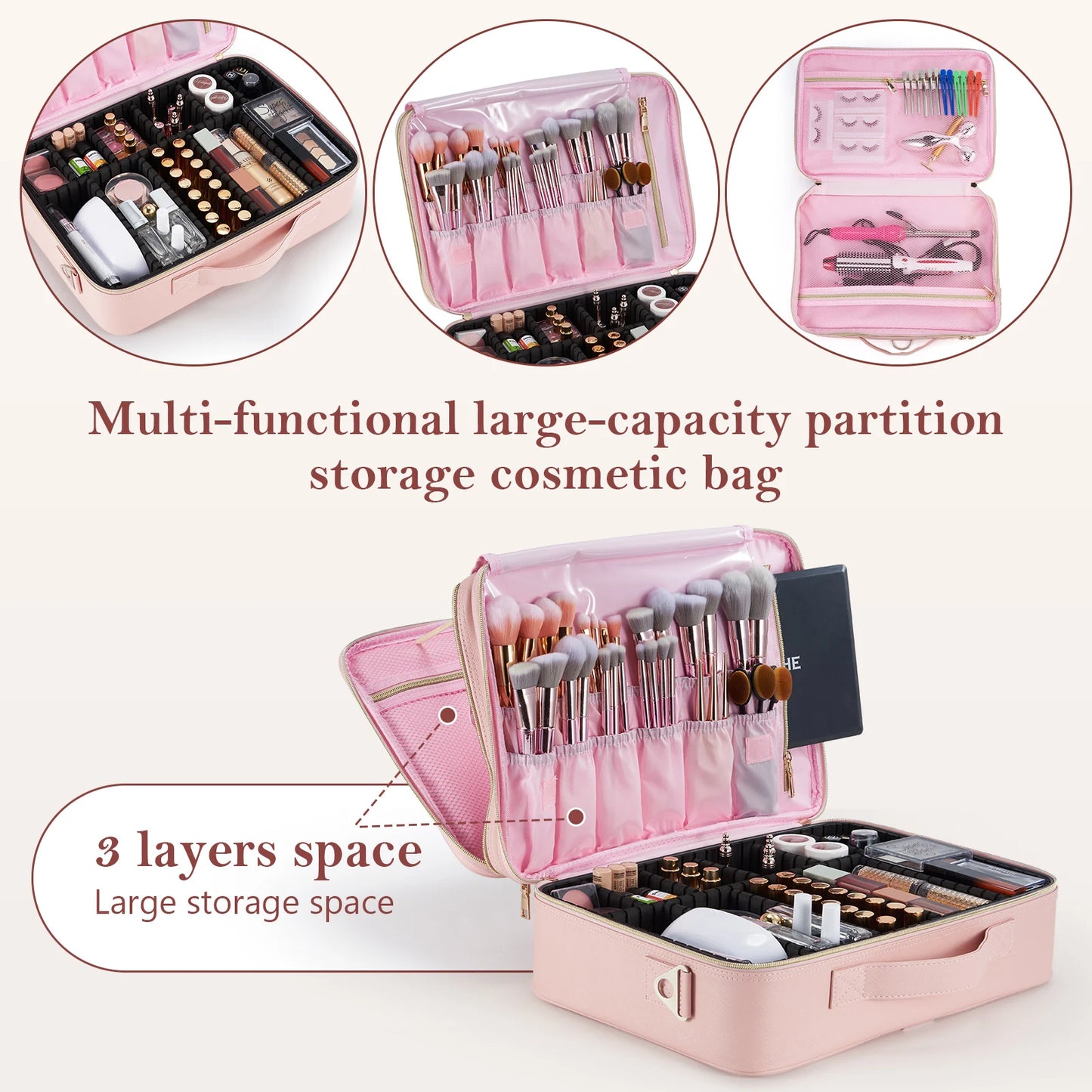 Professional Makeup Bag Extra Large Cosmetic Train Case Make Up Brush Organizer Storage Box Manicure Artist Bags with Dividers.