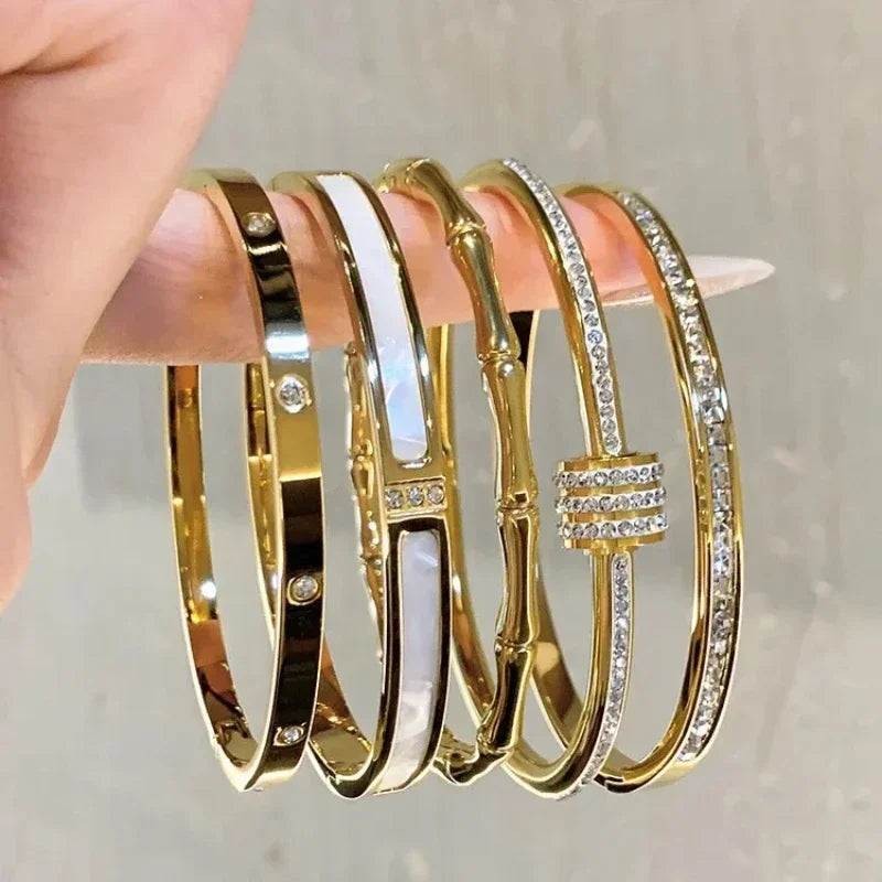 Titanium Steel Gold Silver Color Bangles for Women Girls Trend Waterproof Jewelry Luxury Sparkling Zircon Bracelet Bangle.
