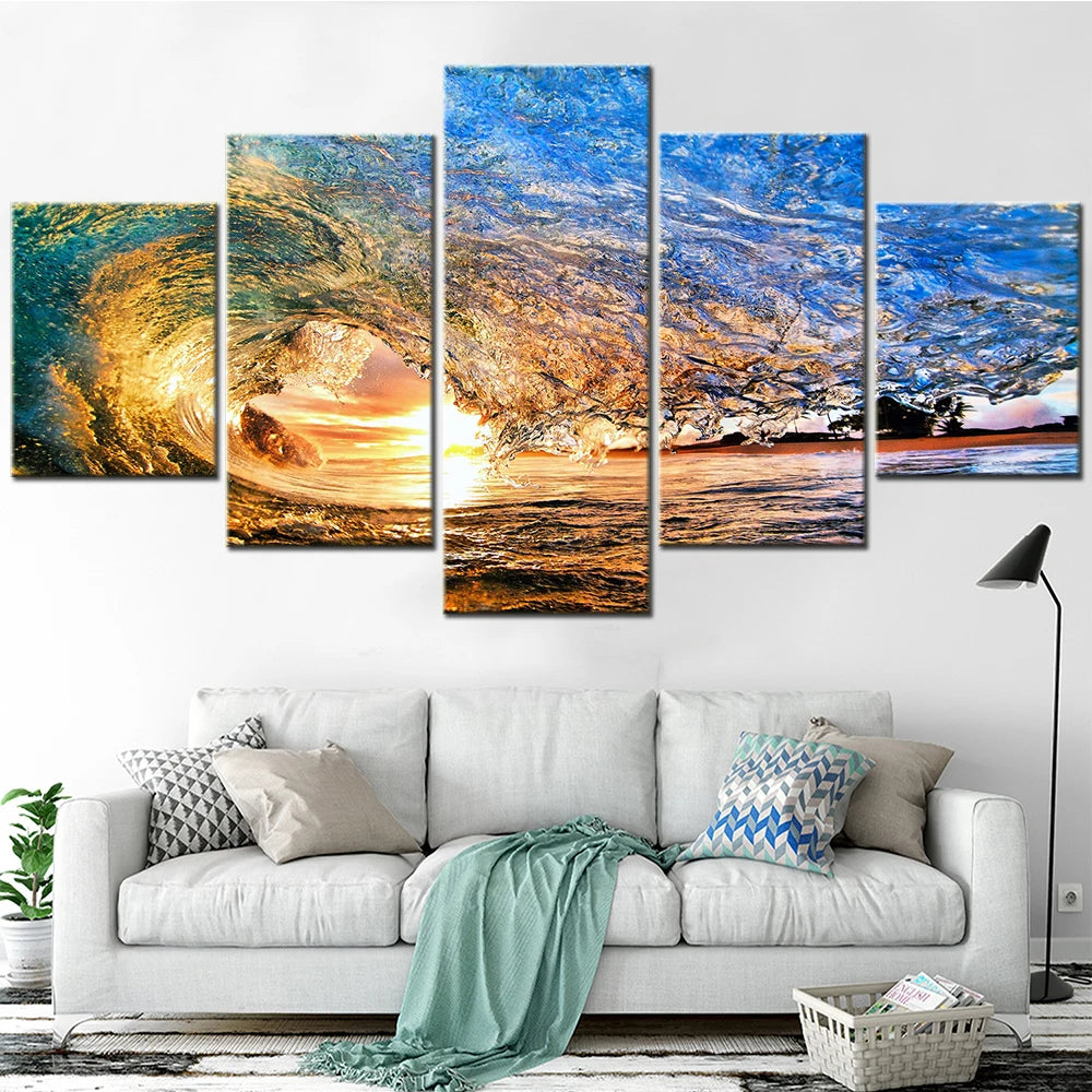 5 Pcs Sea Sunset in Waves Canvas Painting - Modular Wall Art Poster Prints for Living Room Home Decor.