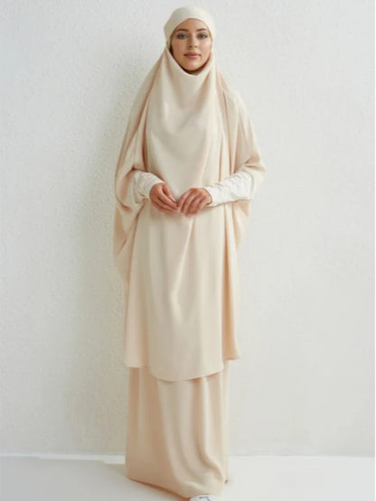 Muslim Sets Two Pieces Prayer Clothing Long Hooded Smocking Sleeve Shirts Hijab Loose Maxi Skirts Elastic Waist Women Abaya Sets