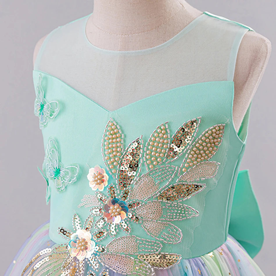 Elegantes, ärmelloses Tüll-Ballkleid für Kinder, Bühnenaufführungen, Hochzeiten, Weihnachten, Mädchenkleider, Mädchen-Prinzessin-Partykleider