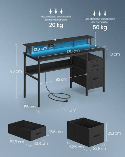 VASAGLE Schreibtisch mit Schubladen, Computertisch mit Monitorständer, LED-Beleuchtung, 55 x 135 x 90 cm, eingebaute Steckdosen