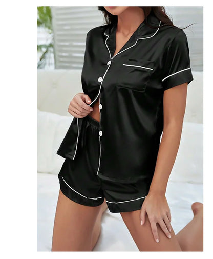 Sommer-Pyjama-Set aus Seidensatin für Damen, Oberteil und Shorts mit Knopfleiste, 2-teilig, Nachtwäsche, gekerbter Kragen, Nachtwäsche, Loungewear für Damen