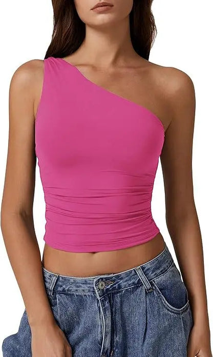 Womens One Shoulder Shirts Going Out Crop Tops Basic Sexy Slim Fit Y2K Tank Top Summer Fashion 2025.