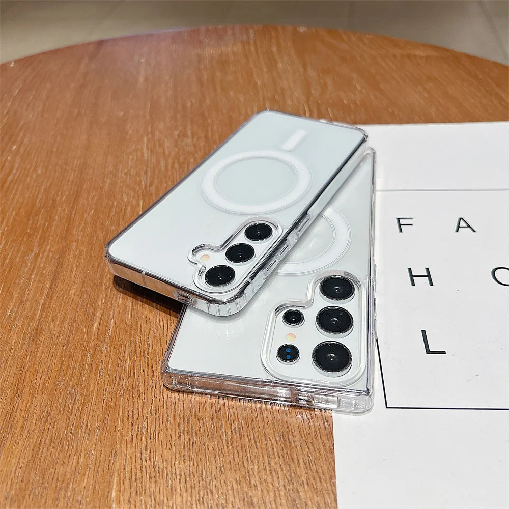 Magsafe Magnetic Charge Phone Case For Samsung Galaxy S25 S24 S23 Ultra S22 Plus S21 FE A16 A15 A35 A55 Clear Acrylic Slim Cover.