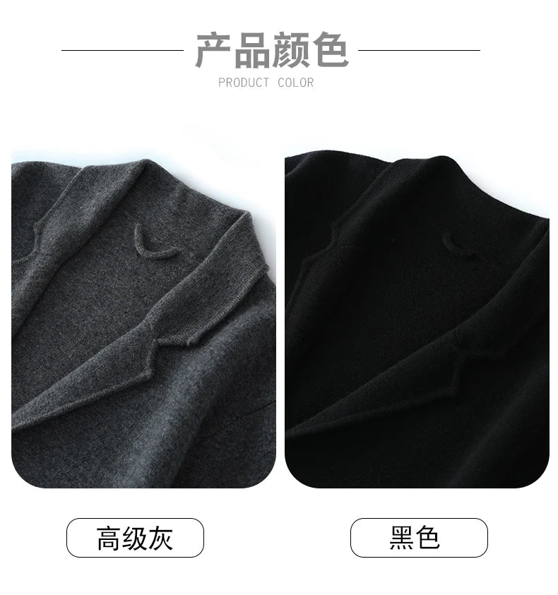 100%Cashmere Suit Men's Suit Collar Knitted Cardigan Business Casual Coat High Waisted Knitted Shorts Winter Thick Two-piece Set.