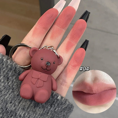 Cute Bear Keychain Matte Velvet Lip Gloss Mirror Brown Lipstick Waterproof Long Lasting Non-Stick Cup Lip Mud Korean Cosmetic.