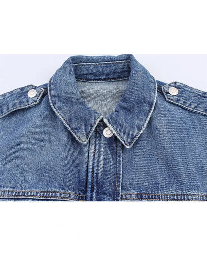 HH Women Denim Pant Sets Turn-Down Collar Long Sleeves Belt Autumn Coats+Pockets Loose High Waist Zipper Hemming Trousers.