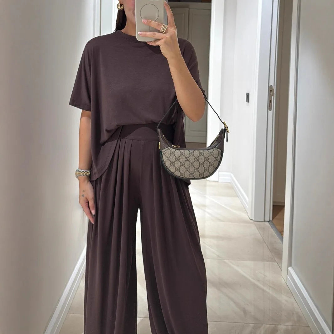Casual T Shirt Short Sleeved Women's Top 2 Piece Set Summer Elegant Fashion Loose High Waist Wide-leg Trousers Female Pants Sets.