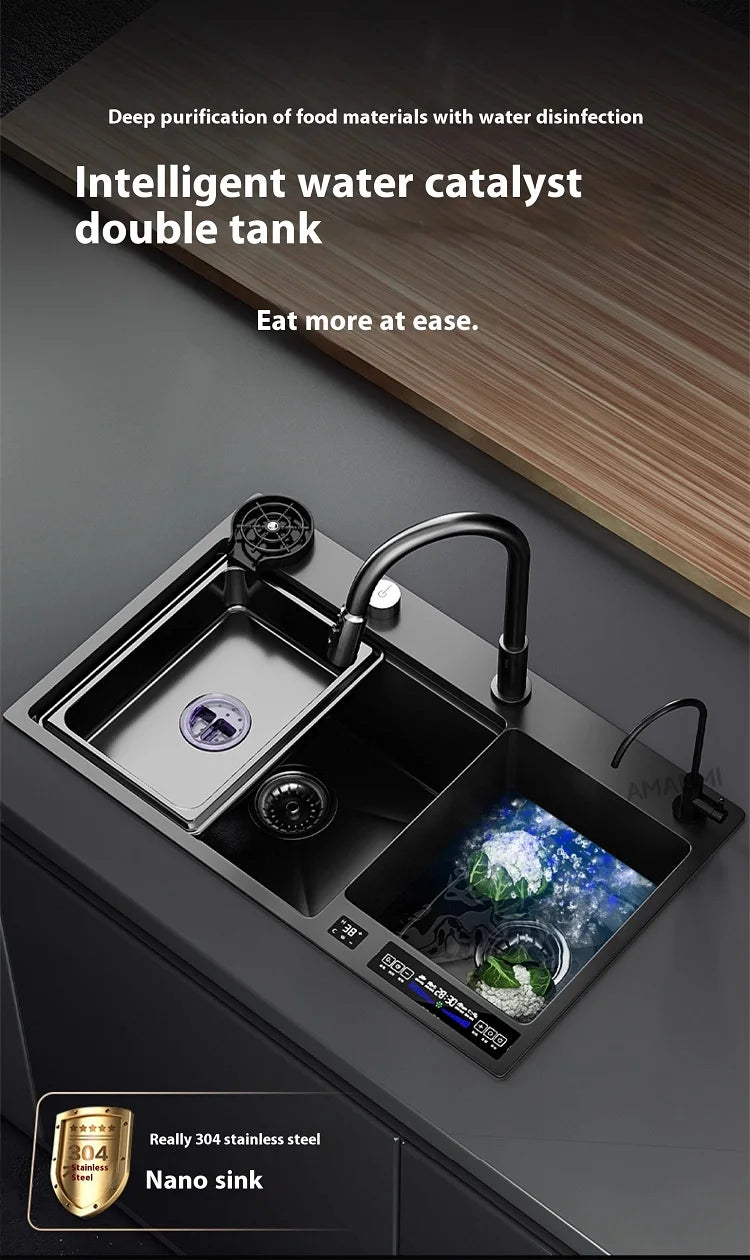 Water Catalyst Stainless Steel Kitchen Sink Multifunctional Smart Double slot Cleaning Ingredients Dishes Kitchen Sink