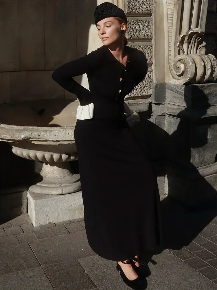 Tossy Weibliche Rüschen Strickwaren Langes Kleid Mode Patchwork Schlank Kontrast Revers Casual Party Kleid Kleid frauen Stricken Maxi Kleid.