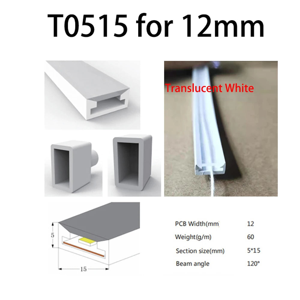 LED Silicone Neon Tube T0511 T0513 T0515 T0308 Flexible Protection Cover Transparent Matte Black Milky For 6-12mm WS2812  Strip.