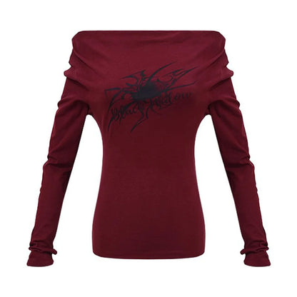 Gothic Print Grunge T-Shirts Women Long Sleeve Off the Shoulders Tops Y2K Clothes Streetwear Shirt Korean Style Vintage Crop Top.
