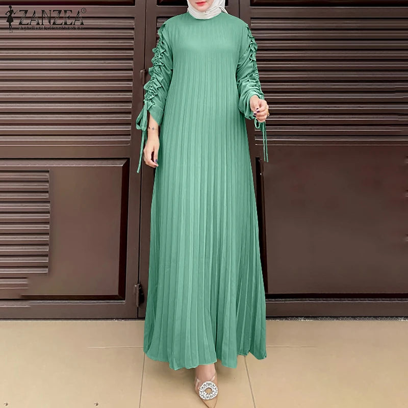 Muslim Hijab Dresses Abaya ZANZEA Spring Maxi Sundress Women Fashion Long Sleeve Pleated Party Dress IsIamic Clothing Robe Femme.