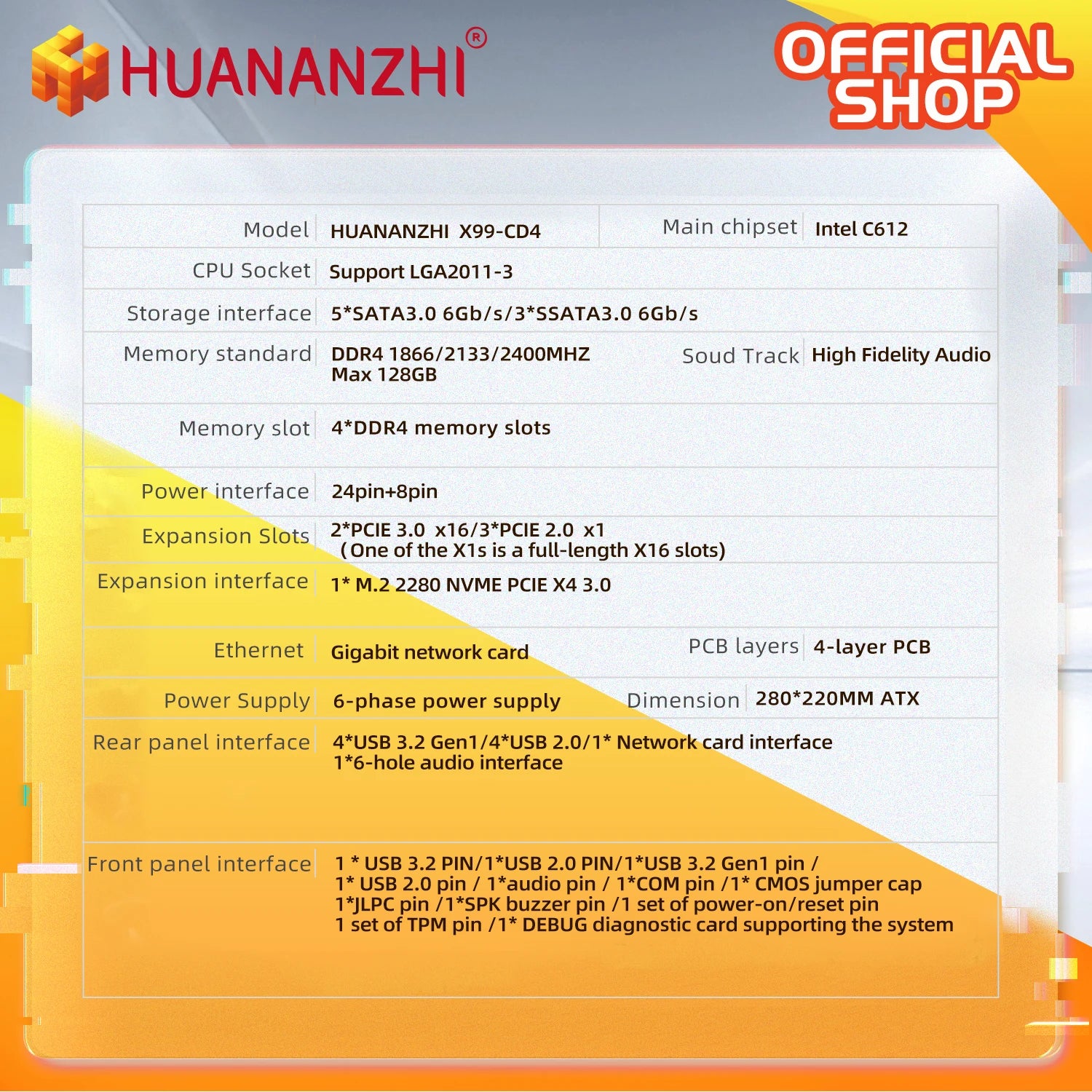 HUANANZHI X99 CD4 Motherboard Support LGA 2011-3 Intel Xeon E5 V3 V4 DDR4 RECC NON-ECC Memory with TPM 2.0 for Desktop Computer.