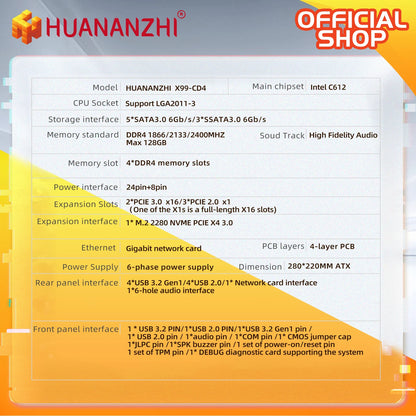 HUANANZHI X99 CD4 Motherboard Support LGA 2011-3 Intel Xeon E5 V3 V4 DDR4 RECC NON-ECC Memory with TPM 2.0 for Desktop Computer.