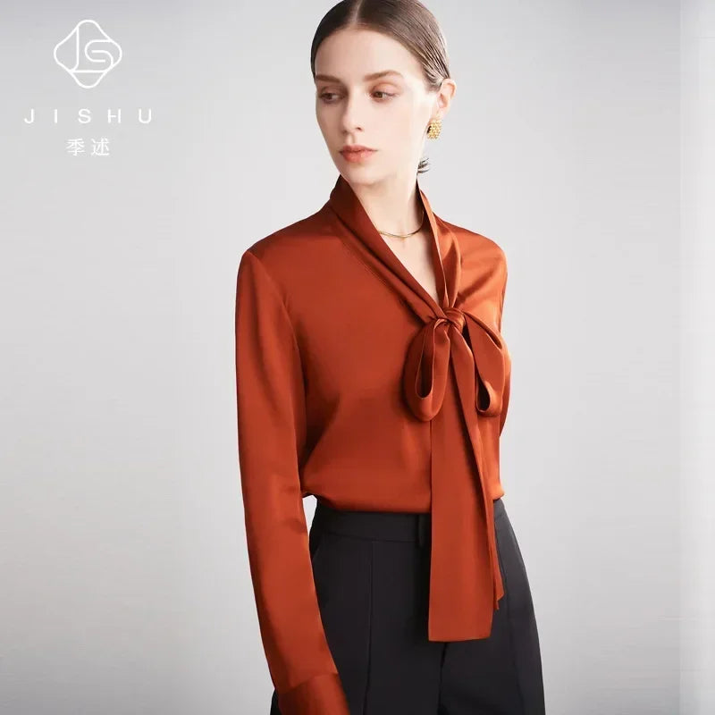 Silk Shirt Women's Thick Temperament Streamer 2025 Spring and Summer New Mulberry Silk Lace-up Design Shirt Long-sleeved Top.