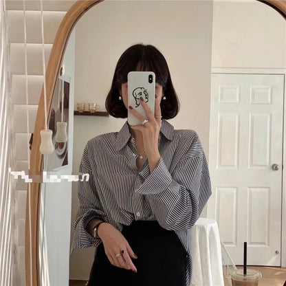 1pcs Woman Four Season Stripe Shirts Lady Casual Long Sleeve Turn-down Collar Loose Shirt Female Business Attire Korean Tops.