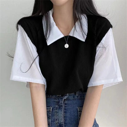 Summer Blouse Women Korean Style False Two-piece Polo Collar Blouses Y2k Tops Streetwear Loose Youth Pullovers Elegant Shirt.