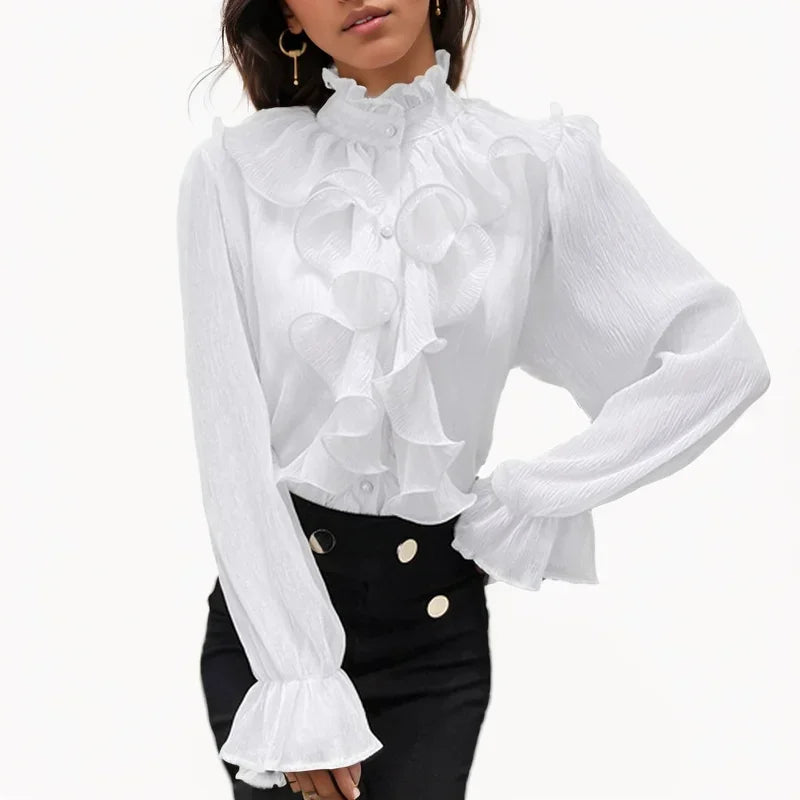 Autumn Vintage Ruffles Clothes Lace Blouse Women Spring Stand Collar White Chiffon Shirt Long Puff Sleeve Loose Tops Elegant.