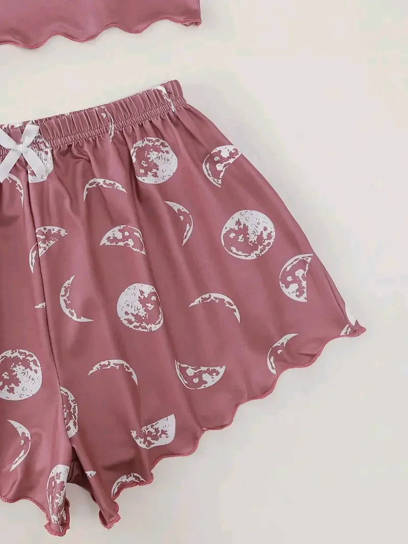 Frauen Pyjama Nachtwäsche Pyjama Set Sport Leibchen und Shorts rosa schwarz Mond und Planet drucken Sommer bequeme Freizeit anzug.