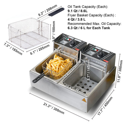 SucceBuy 12L 3000W Commercial Electric Deep Fryer w/Dual Tanks  Stainless Steel Countertop Fryer for Fried Chicken French Fries.