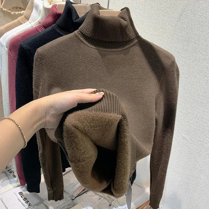 2025 neue Verdicken Hohe Kragen Pullover frauen Pullover Top Winter Warme und Weiche Einfarbig Inneren Tragen Bodenbildung Shirt.