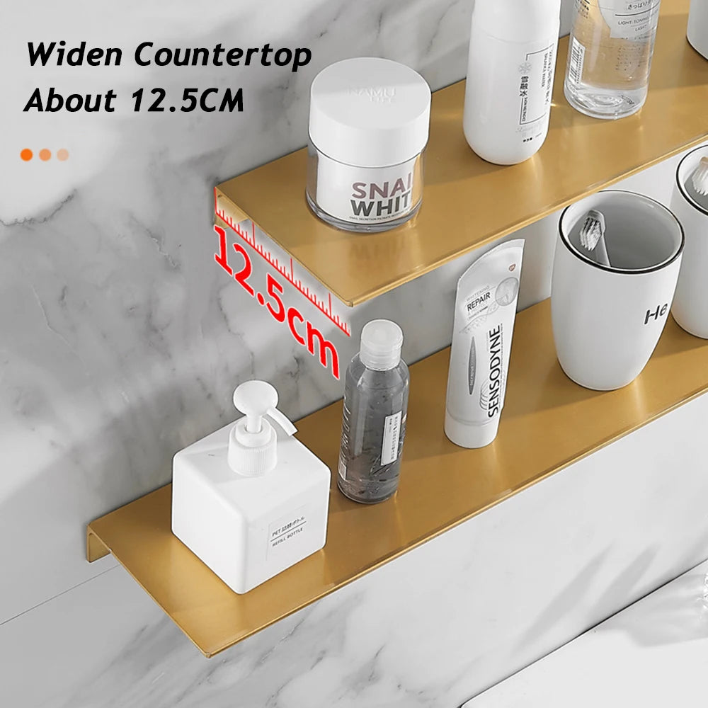 20/30/40/50CM Gebürstet Gold Wand Regal Badezimmer Lagerung Rack Küche Wand Regal Badezimmer Dusche Regale Hause Zubehör
