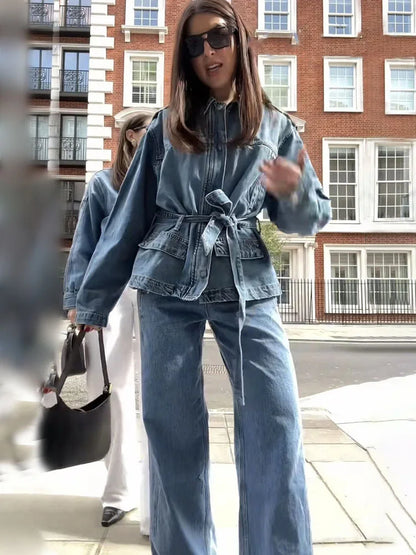 HH Women Denim Pant Sets Turn-Down Collar Long Sleeves Belt Autumn Coats+Pockets Loose High Waist Zipper Hemming Trousers.