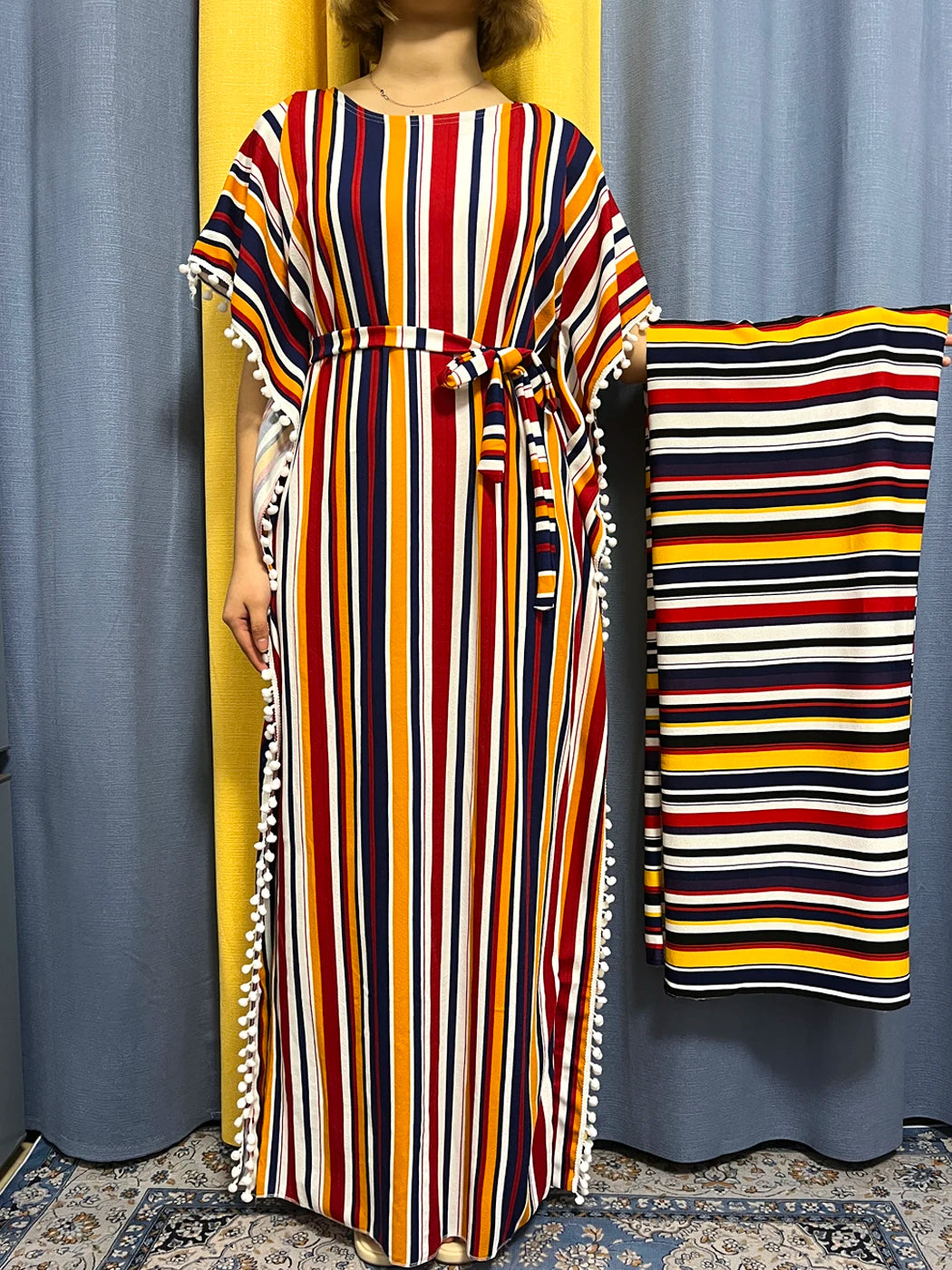 Abayas For Women 2024 Printed Vertical Stripe Tassels Elasticity Loose Fit Femme Robe African Woman Dresses With Belt Headscarf.