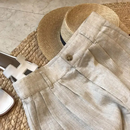 Korean Office Lady Summer Women's Solid Color Linen Zipper Pockets Fashion Casual Loose High Waist A-line Wide Leg Shorts.