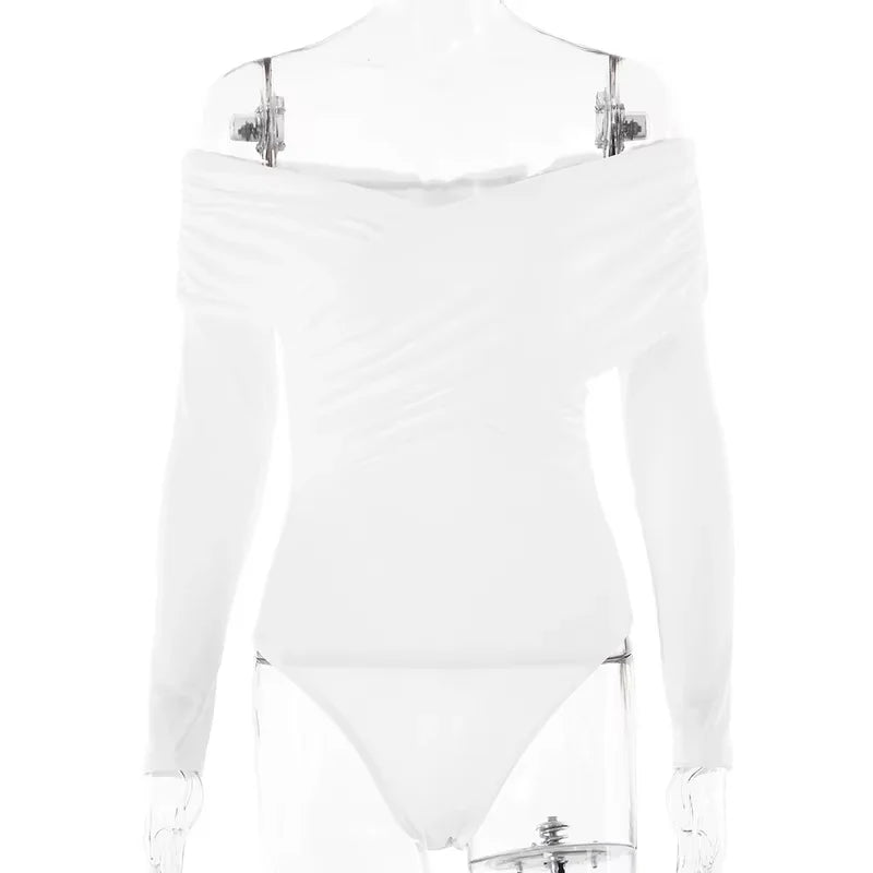 New Solid Sexy Off Shoulder Bodysuits Women Fashion Crossed Folds Skinny Rompers Long Sleeve Fashion Streetwear Autumn Bodysuits