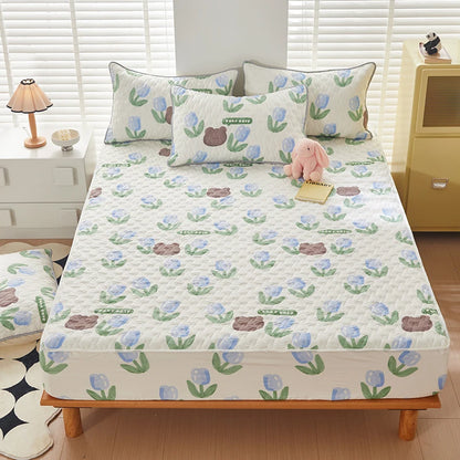 Floral Fitted Sheet Queen Size Bed Cover Thicken Bedsheet Quilted Mattress Protector tampa de colchão (Pillowcase Need Order).