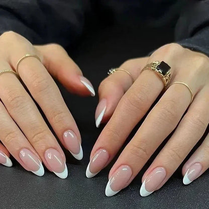 24Pcs White Almond False Nails Ballet with French Design Wearable Fake Nails Gradient Simple Full Cover Press on Nail Tips Art