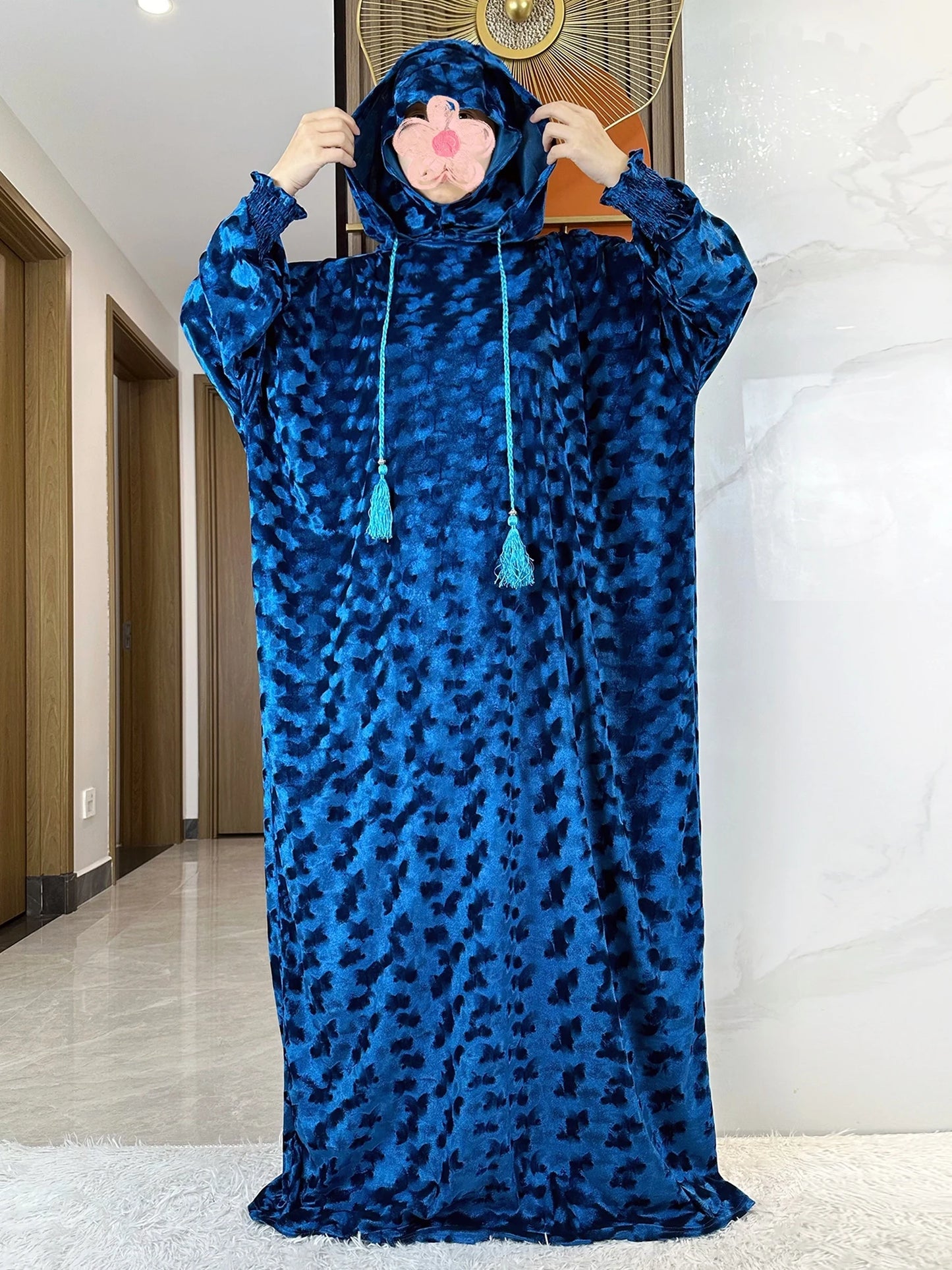 High Quality Velvet Fabric 2025 Ramadan Muslim Lady's Abaya Two-Hats Dubai Turkey Style Islamic Prayer Clothing Kaftan Dress.