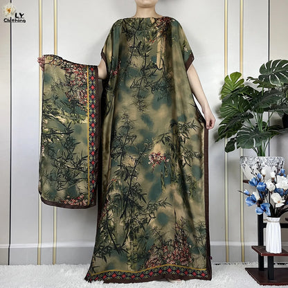 2024 New Dubai Summer Fashion For Women Printed Silk Soft Loose Femme Robe African Islam Maxi Woman Casual Dresses With Turban