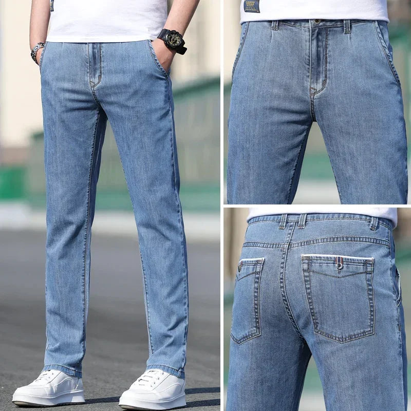 Thin Men's Baggy Soft Casual Jeans Gray Summer Fashion Versatile Comfortable Stretch Straight Casual Jeans Light Blue Male.